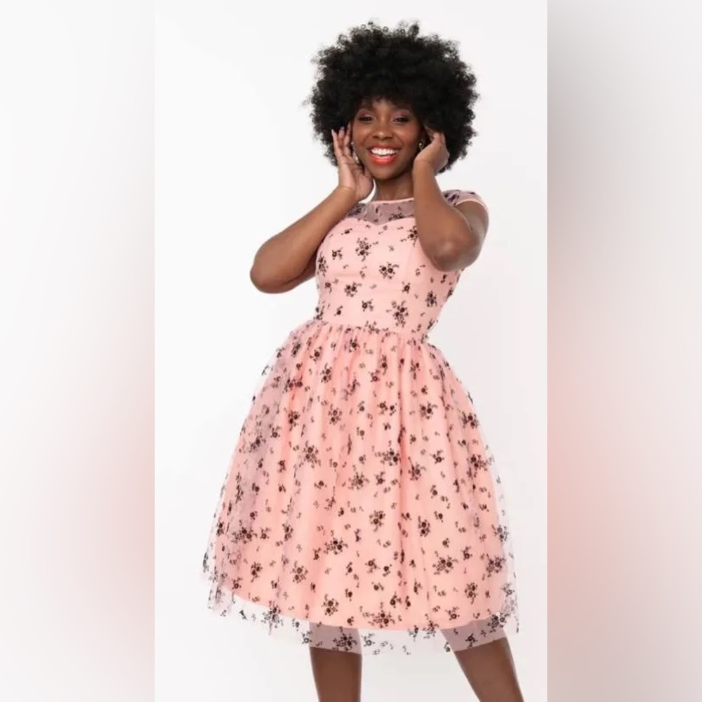 Magnolia Place Pink & Black Spring Floral Bouquet Melissa Swing Dress
